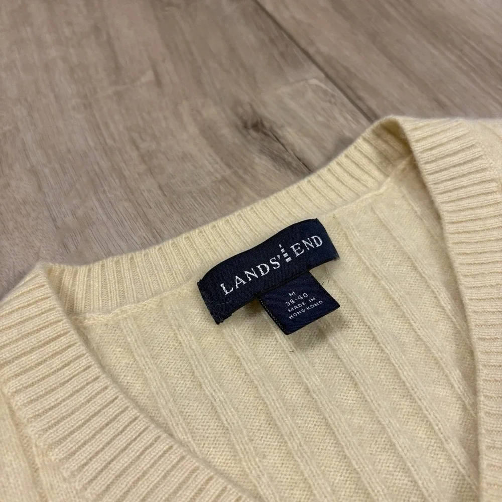LANDS' END Men's M 38-40 Yellow 100% Cashmere Sweater V Neck Excellent